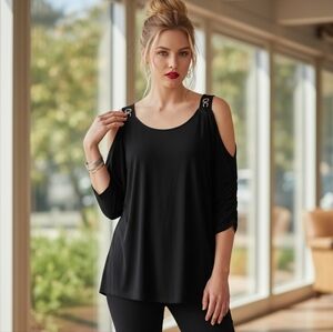Chico's Easywear Black Cold Shoulder Top with Silver Hardware